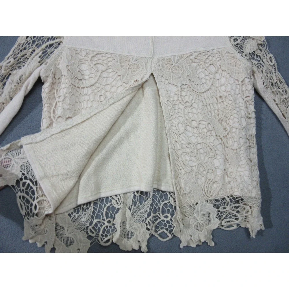Free People Top Womens XS Ivory Cream Lace Knit Long Sleeve Crochet Boho Floral